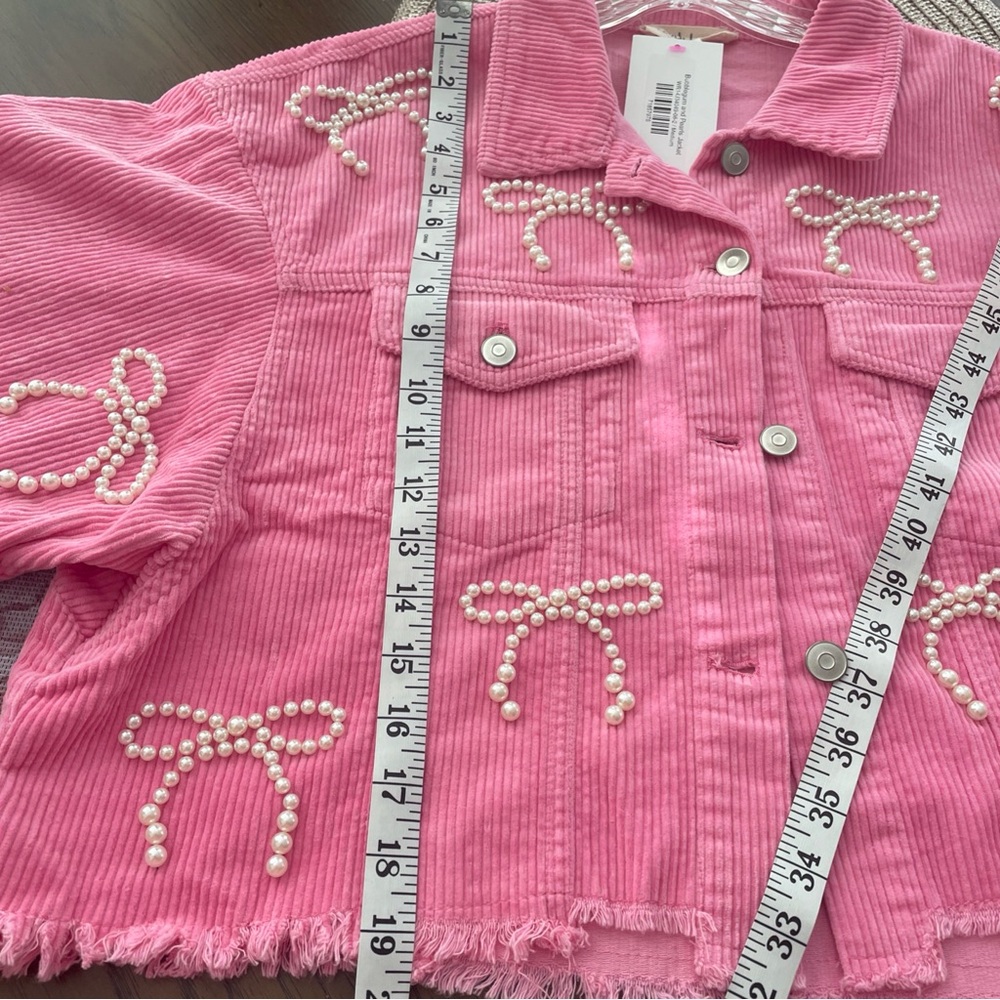 Peach Love California Pink Corduroy Bomber Jacket with Pearl Embellishments - Picture 8 of 8